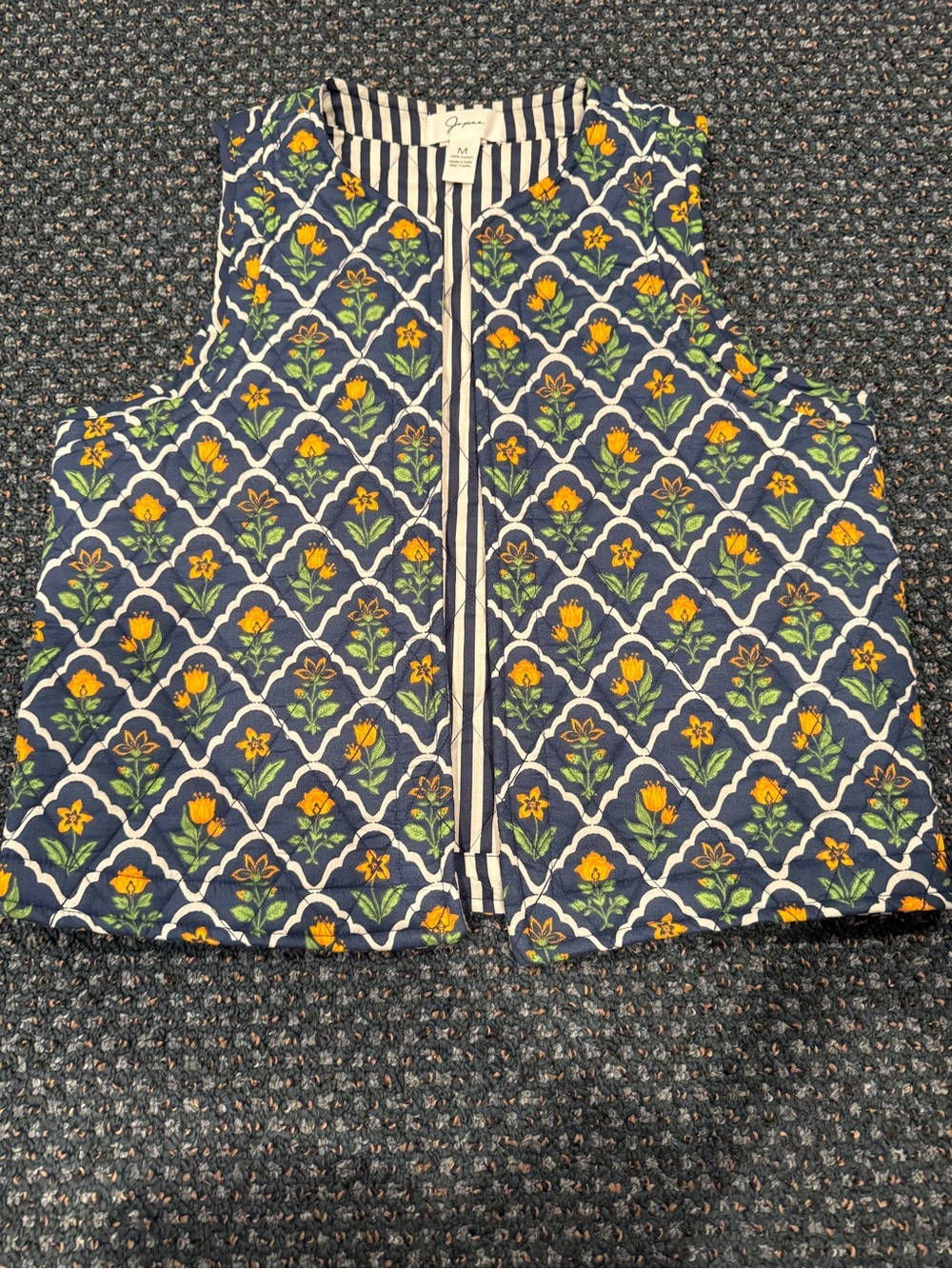 Japna Navy Floral Print Quilted Vest with Yellow Flowers - Picture 2 of 7